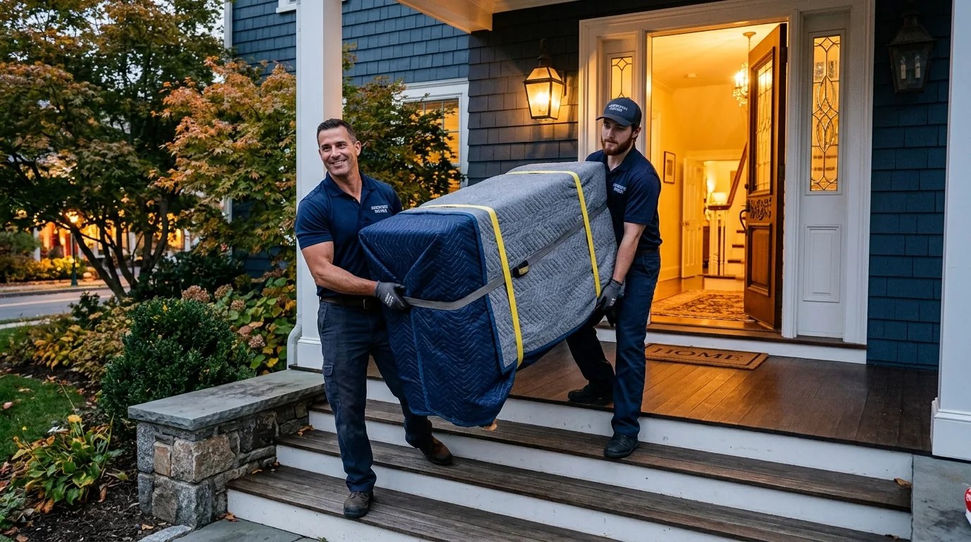 Moving protected furniture through an entrance Two movers carrying blanket-wrapped furniture through a house entrance.