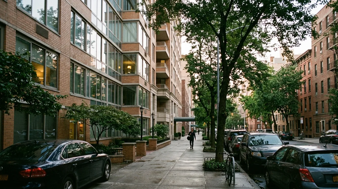 Manhattan high-rise apartment building with leafy sidewalk and parked cars Manhattan high-rise apartment building with leafy sidewalk and parked cars.