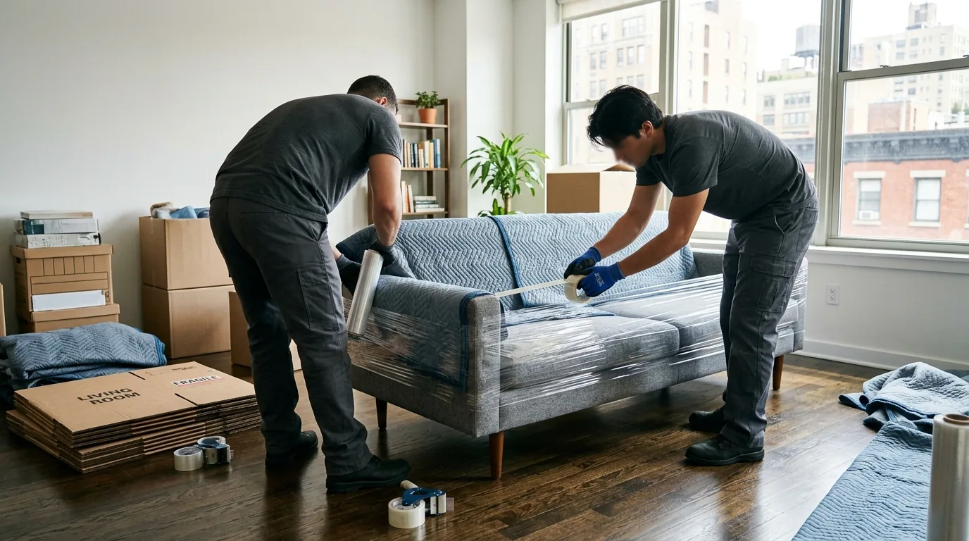 Movers wrapping a sofa with blankets and tape in a New York apartment.