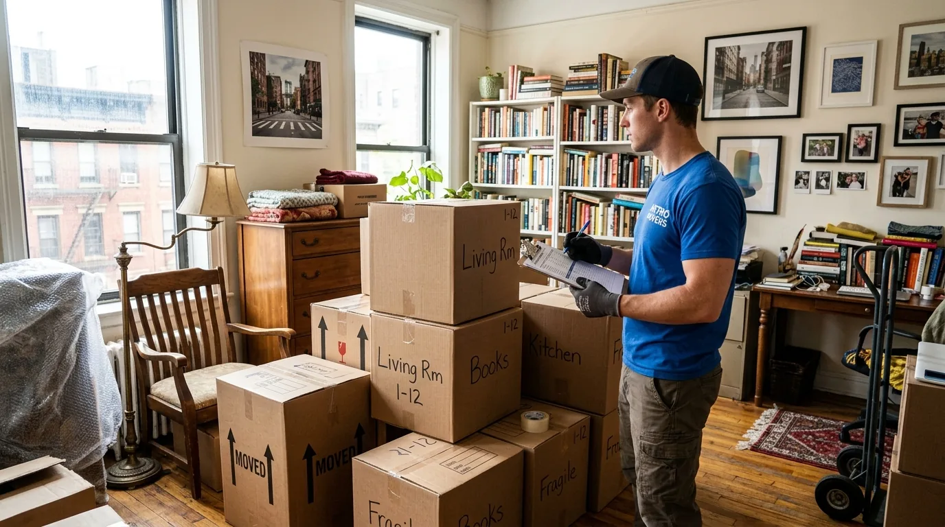 Mover with clipboard surveying boxes and furniture in a lived-in NYC apartment Mover with clipboard surveying boxes and furniture in a lived-in NYC apartment.