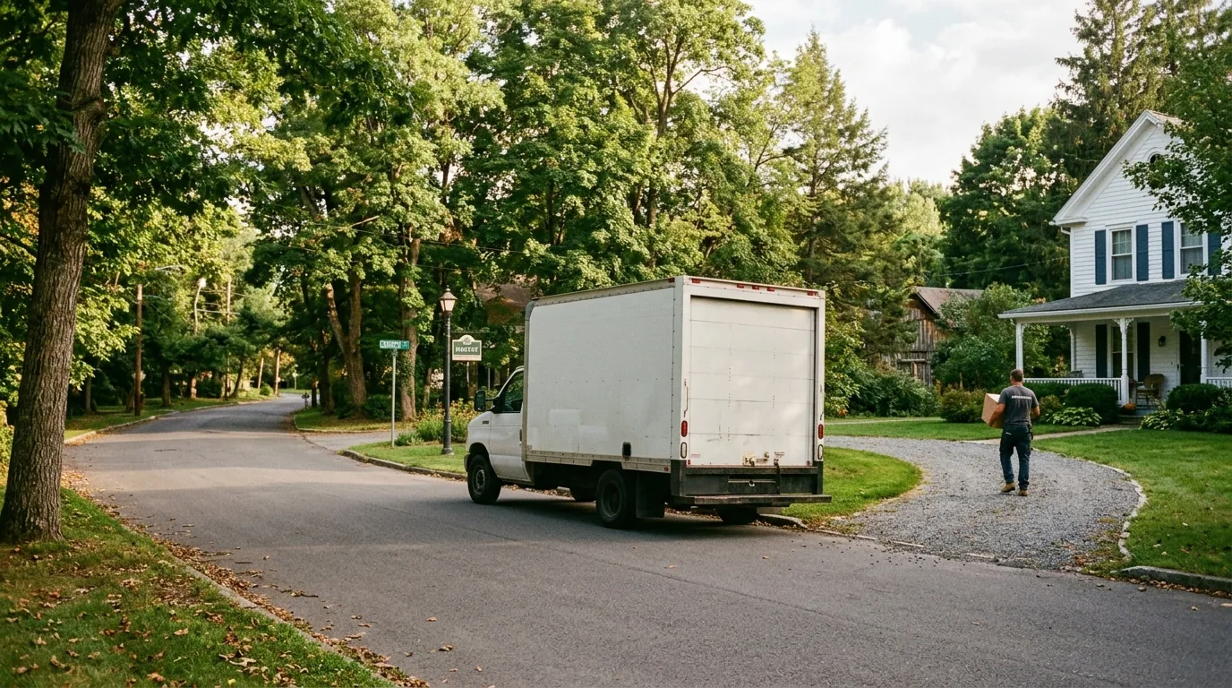 Moving truck on a quiet Hawley street near a gravel driveway and trees.