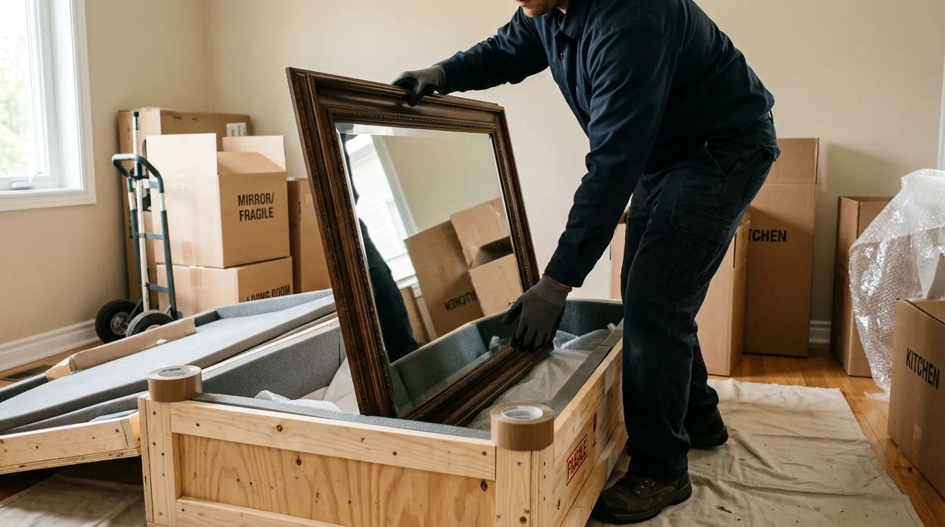 Mover crating a large mirror with foam padding in a neutral room.