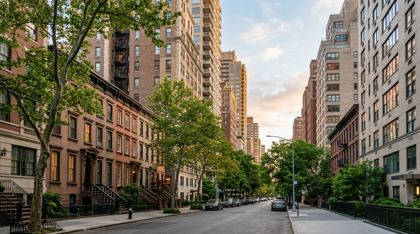 Manhattan street with high-rise apartments and brownstones in morning light.