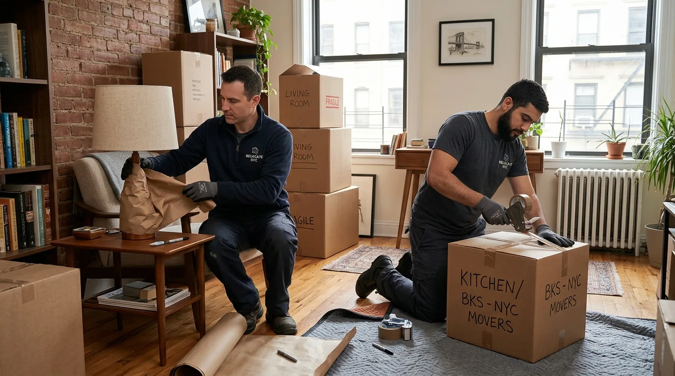 Movers packing boxes and wrapping items in a New York City apartment.