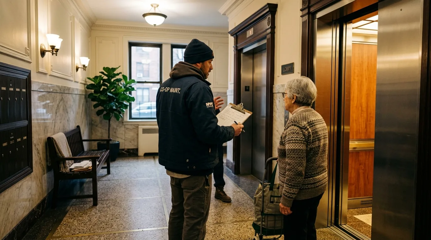 Mover with clipboard and resident in a New York co-op building lobby near elevator.