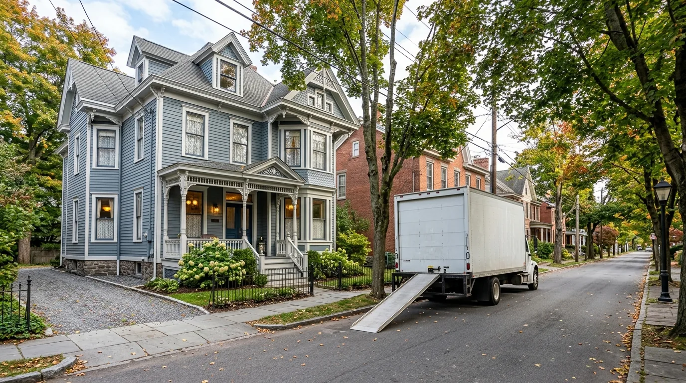 Moving truck parked on a narrow, tree-lined street in Hudson, NY near a Victorian home Moving truck parked on a narrow, tree-lined street in Hudson, NY near a Victorian home.