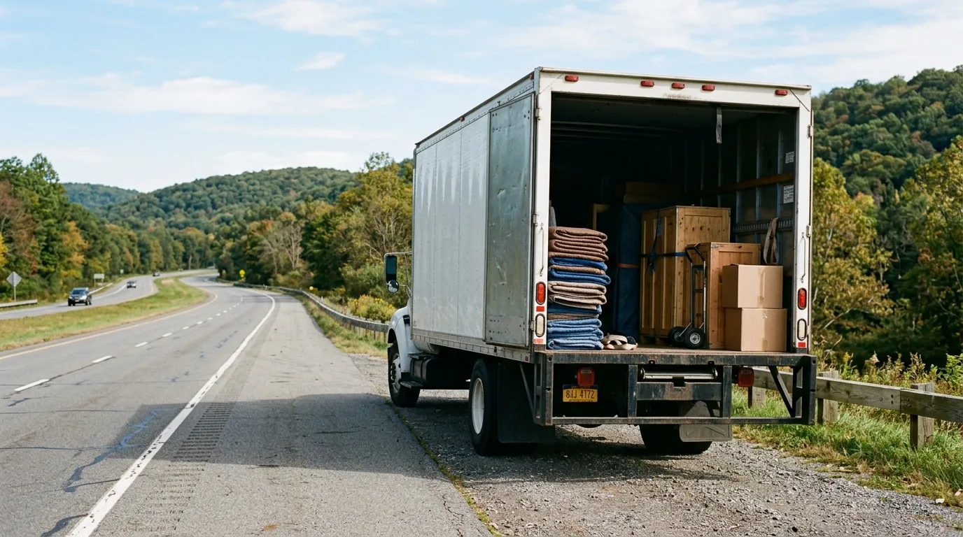 Moving truck with open side door on the Taconic Parkway, crates and blankets inside.