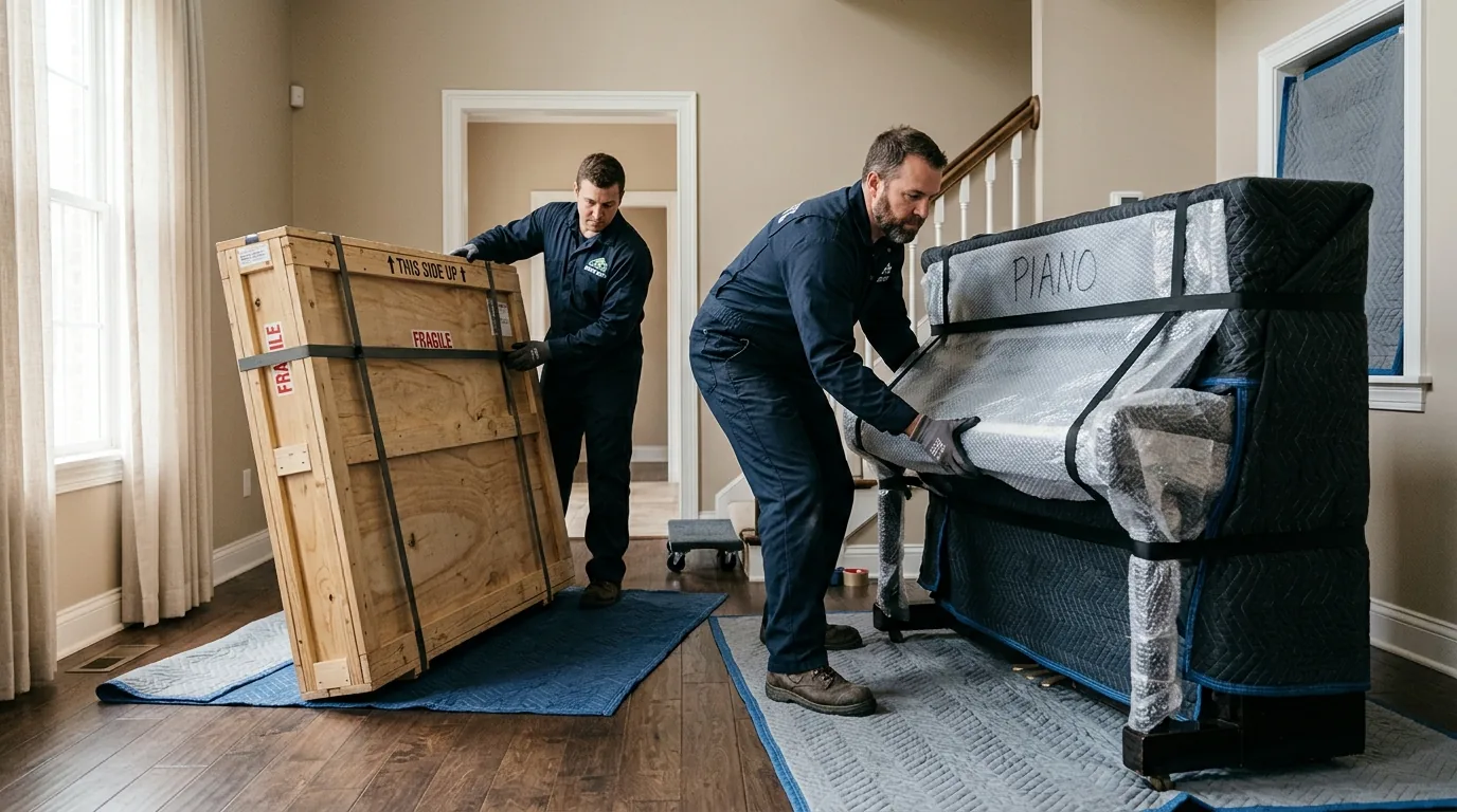 Movers handling a crated painting and wrapped piano in a home interior Movers handling a crated painting and wrapped piano in a home interior.