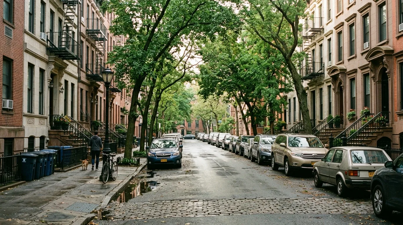 Manhattan residential street with prewar apartments and brownstones in morning light Manhattan residential street with prewar apartments and brownstones in morning light.