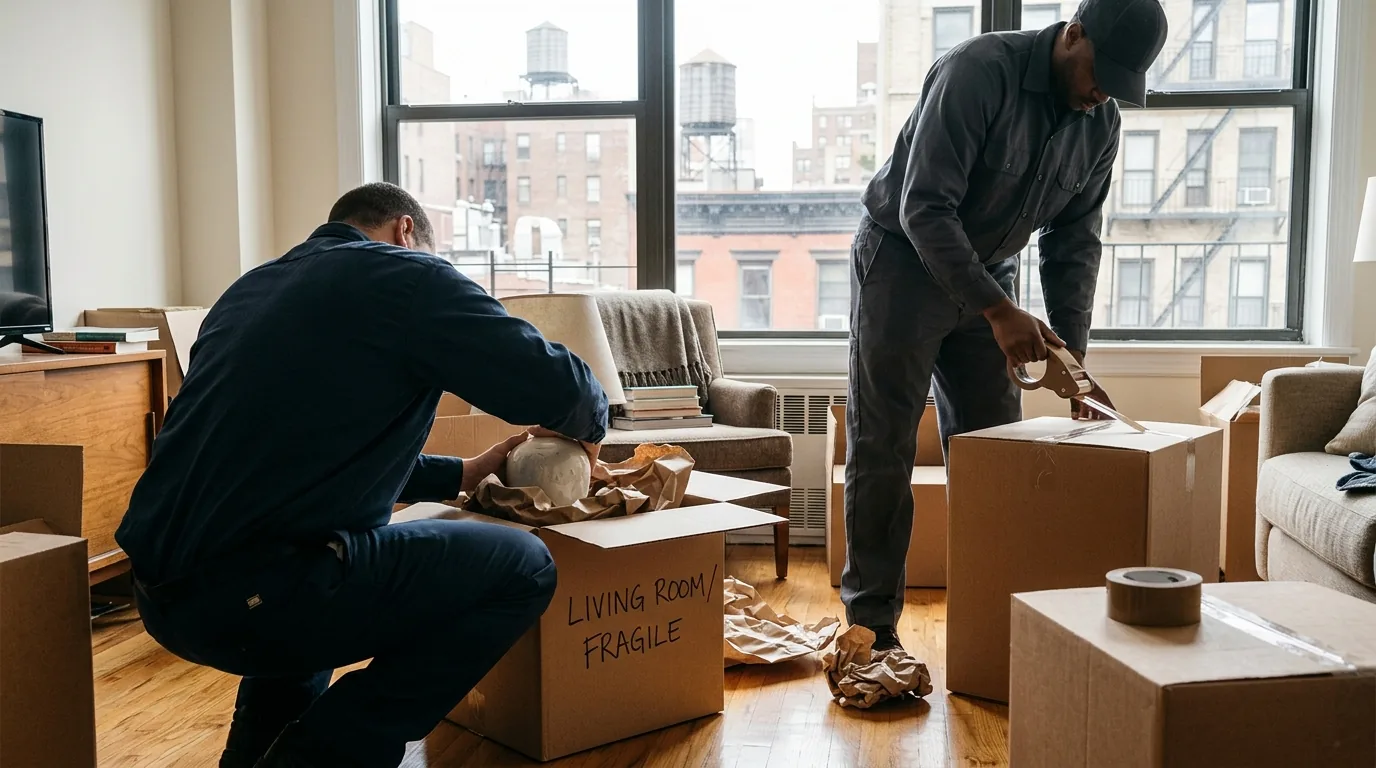 Movers packing boxes in a New York City apartment, with supplies on the floor.