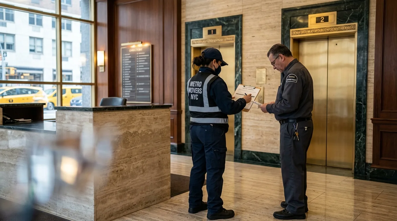 Mover with clipboard in a New York apartment lobby, checking paperwork with building staff Mover with clipboard in a New York apartment lobby, checking paperwork with building staff.