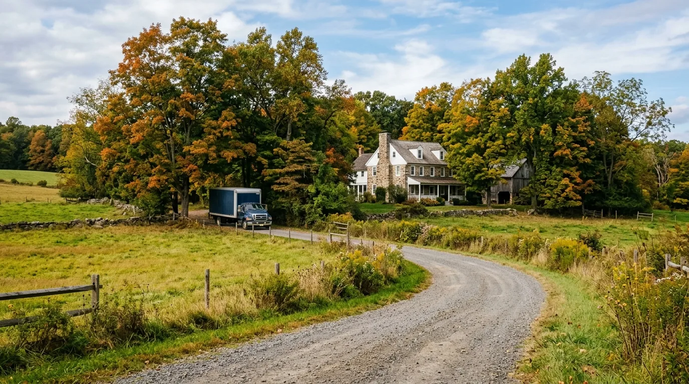 Gravel driveway and rural property A curved gravel driveway passing open fields toward a rural house and outbuildings.
