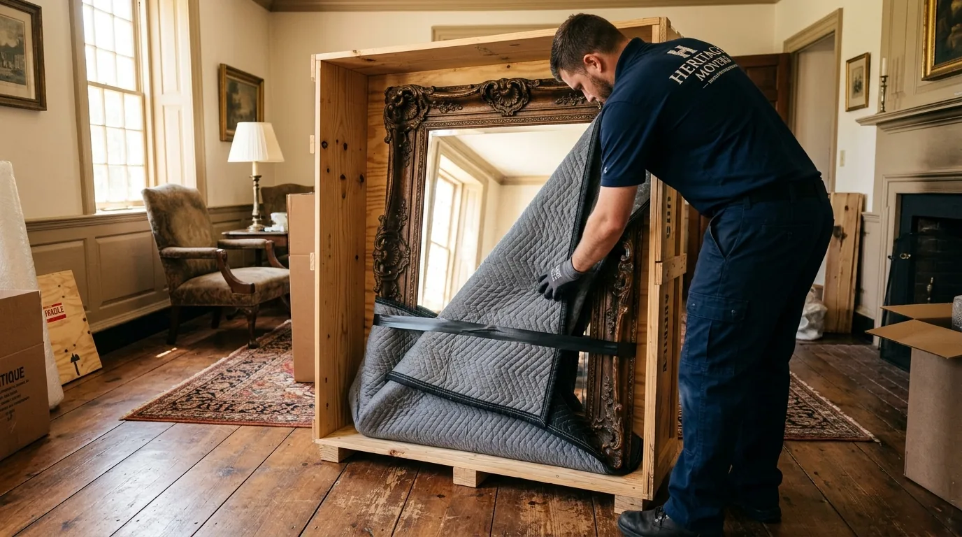 Mover wrapping an antique mirror in blankets and placing it in a wooden crate Mover wrapping an antique mirror in blankets and placing it in a wooden crate.
