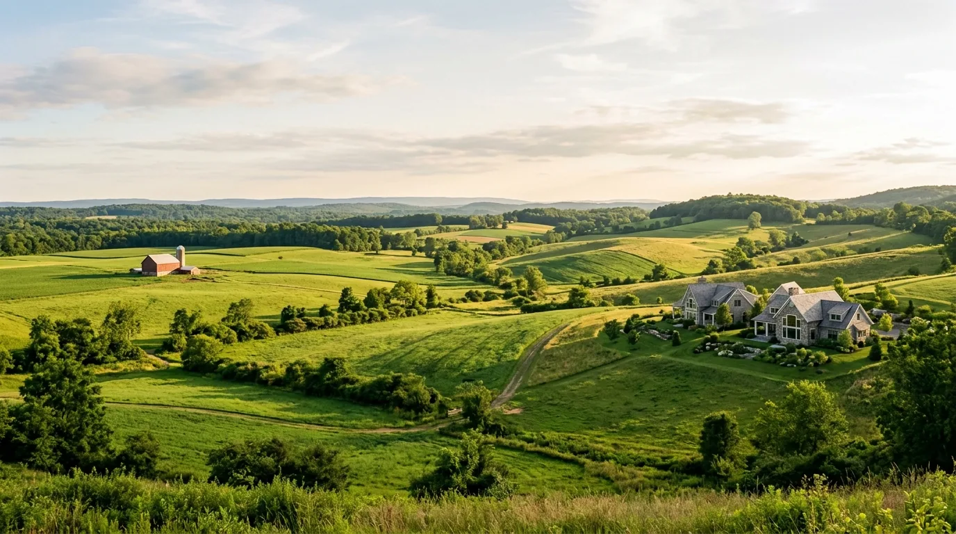 Open fields and rolling hills with modern homes near Ringoes, NJ, under afternoon sun.