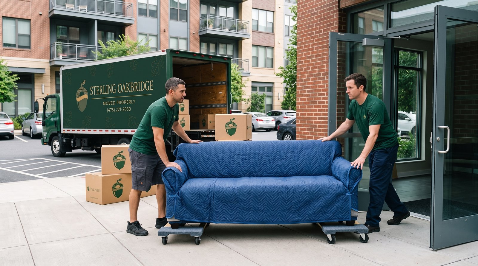 Illustrative male movers guiding a fully protected full-size sofa on furniture dollies toward a DC apartment loading entrance Illustrative male movers guiding a fully protected full-size sofa on furniture dollies toward a DC apartment loading entrance