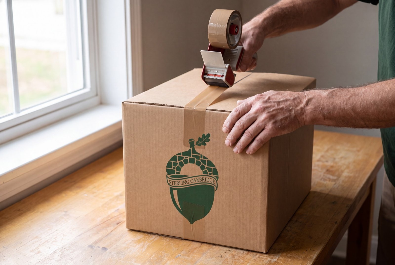 Sealing a moving carton Hands sealing a cardboard moving carton with packing tape beside a window.