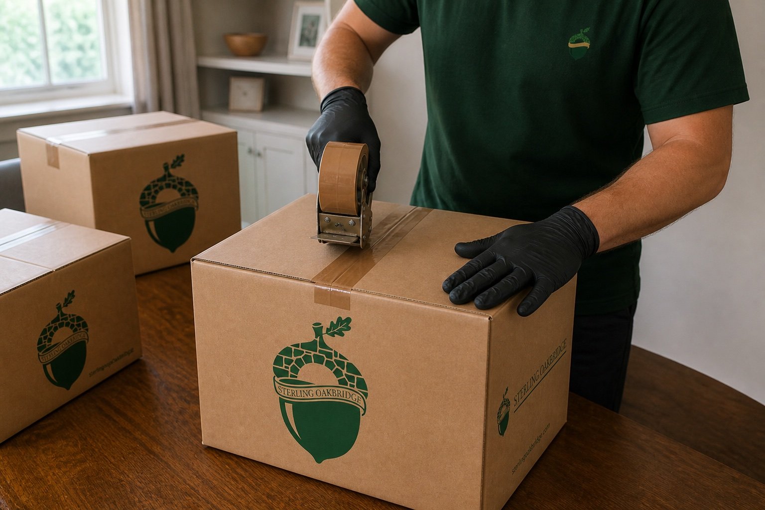 A Sterling Oakbridge mover sealing a branded kraft moving carton