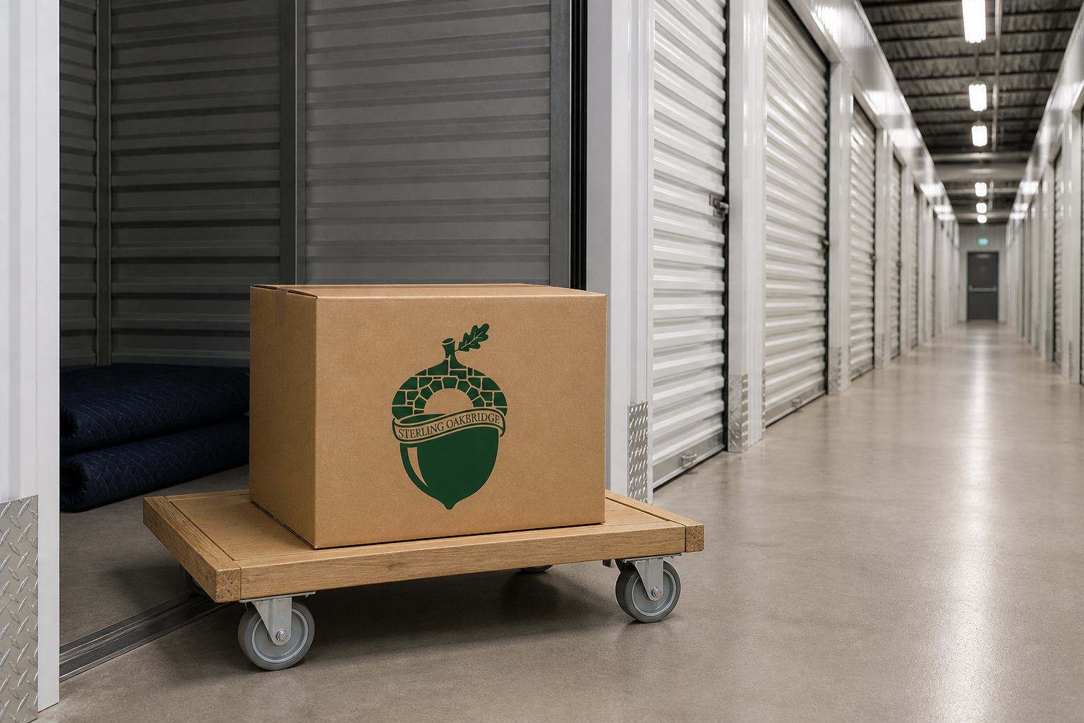 Moving carton in a storage corridor A branded moving carton on a platform cart in a corridor of storage units.