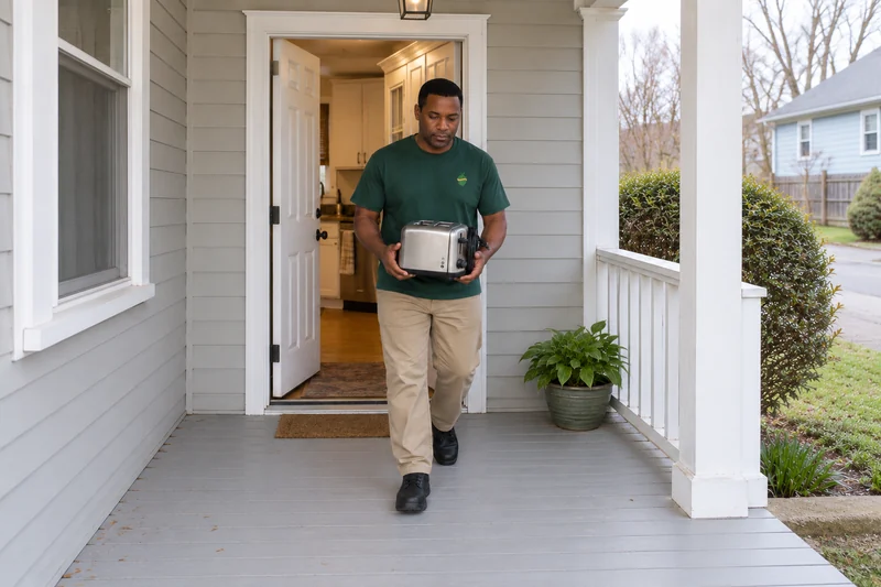 An adult company mover carrying an old unplugged toaster toward an illustrative Allentown private exit An adult company mover carrying an old unplugged toaster toward an illustrative Allentown private exit