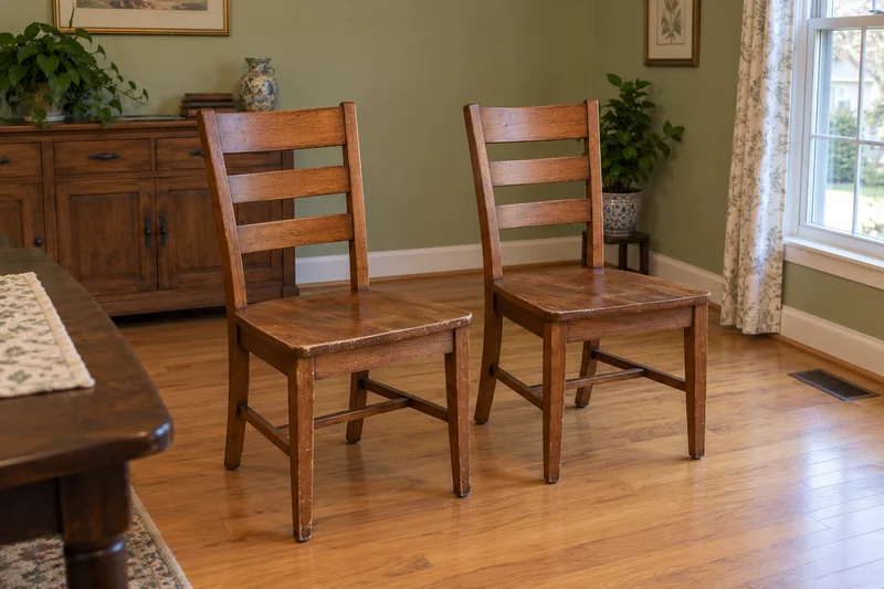 Two old wooden dining chairs reviewed before an illustrative Allentown local downsizing move Two old wooden dining chairs reviewed before an illustrative Allentown local downsizing move