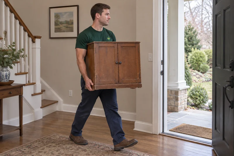 An adult company mover carrying a worn small shoe cabinet toward a private Alpine exit An adult company mover carrying a worn small shoe cabinet toward a private Alpine exit