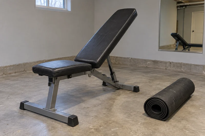 An old manual exercise bench and rolled gym mat reviewed before an Alpine long-distance move An old manual exercise bench and rolled gym mat reviewed before an Alpine long-distance move