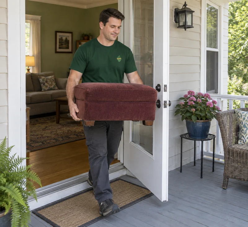 Mover carrying a used compact ottoman out through a private home exit A mover carrying a compact used upholstered ottoman outward through a broad private home exit