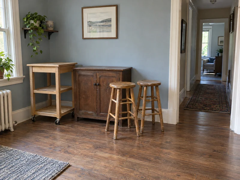 Duplicate kitchen cart, low cabinet and two worn counter stools A duplicate kitchen cart, low utility cabinet and two counter stools awaiting a decision in a modest dining nook