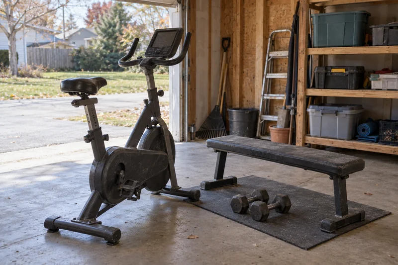 Unused exercise bicycle, compact bench and paired dumbbells in a garage An old stationary exercise bicycle, compact bench and paired dumbbells in a dry garage