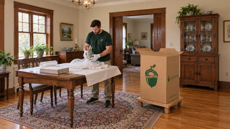 A mover wraps a small glazed ceramic figurine close over a padded table beside a tall china carton