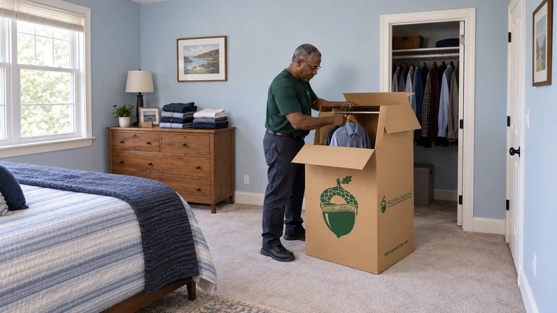 A mover places hanging clothes on a supported internal wardrobe-carton rail in a bedroom