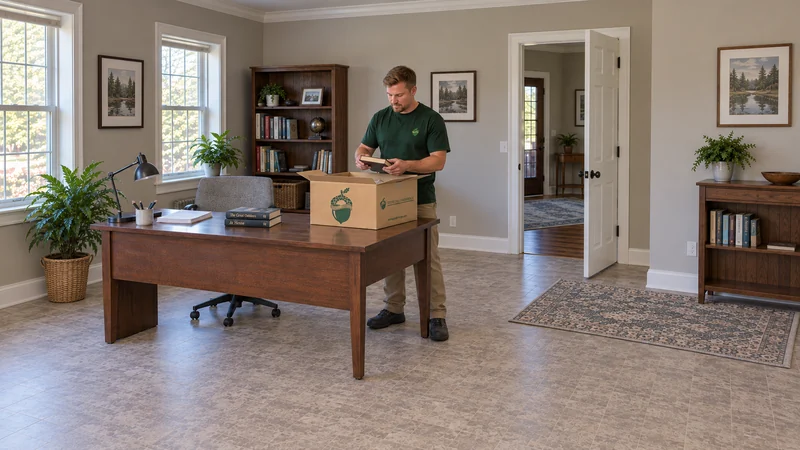A mover removes a book from a compact carton onto a padded flat desk in a receiving workroom