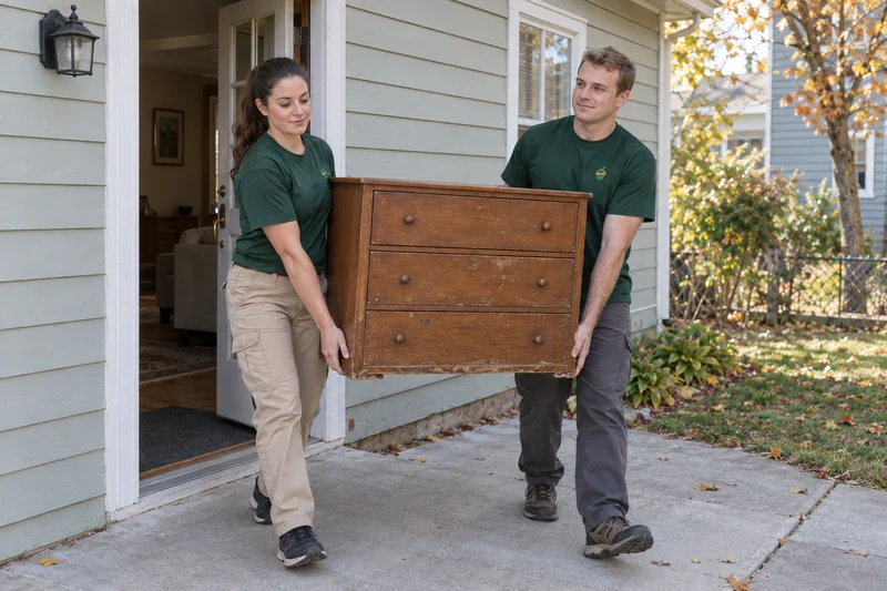 Two movers carrying a worn closed dresser outward onto a level exterior approach Two movers carrying a worn closed three-drawer dresser out onto a level exterior approach