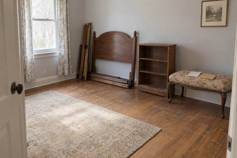Wooden bed parts, a short bookcase and upholstered bench grouped in a clear former guest room Separated wooden bed parts, a short bookcase and an upholstered bench grouped in a clear former guest room