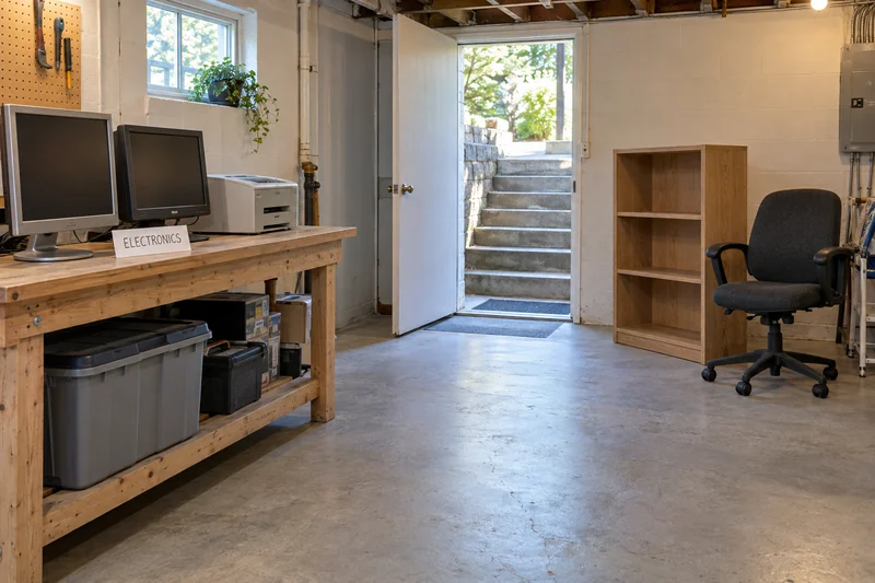 Unused monitors and printer grouped separately from office furniture beside a basement exit Unused electronics labelled as a separate group from office furniture beside a clear basement exit route