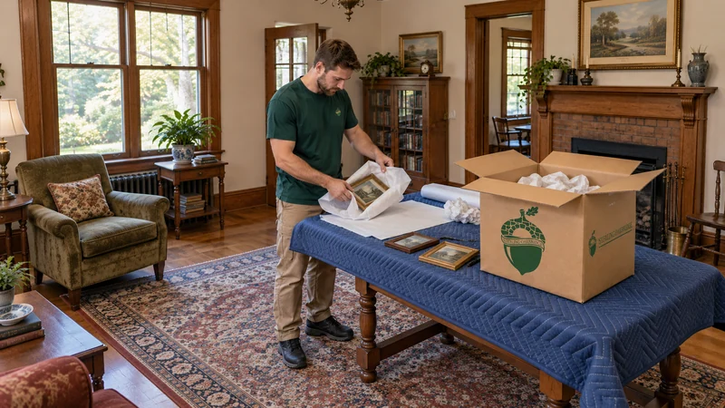 Protecting small framed photographs before packing A mover wraps a small glazed photo frame on a protected worktable beside a medium carton