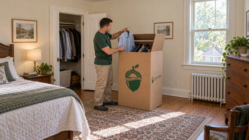 Hanging clothes prepared for their receiving room A mover transfers a shirt on a hanger from a closet into a freestanding wardrobe carton