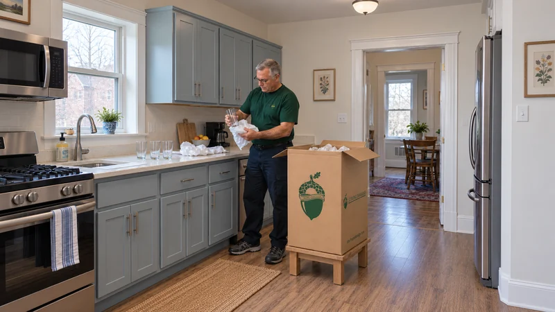 Everyday kitchenware unpacked onto a clear surface A mover removes a paper-wrapped glass from a carton and places it on a clear kitchen counter