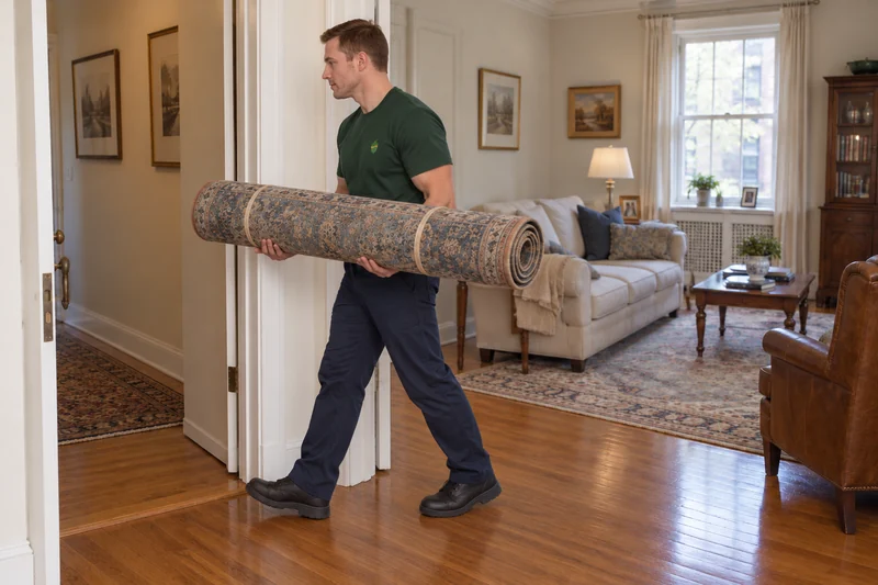 A company mover carrying a worn rolled rug toward a private Bronxville apartment exit A company mover carrying a worn rolled rug toward a private Bronxville apartment exit