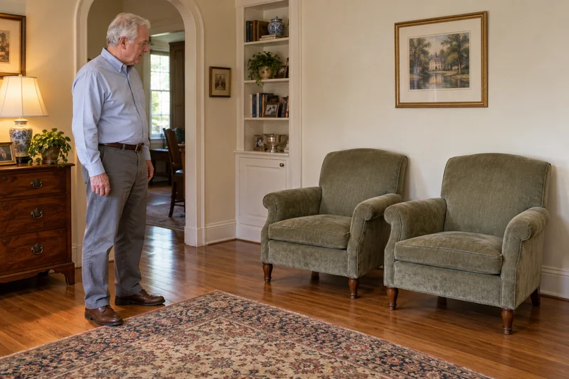 A resident reviewing two surplus upholstered chairs before local downsizing in Bronxville A resident reviewing two surplus upholstered chairs before local downsizing in Bronxville