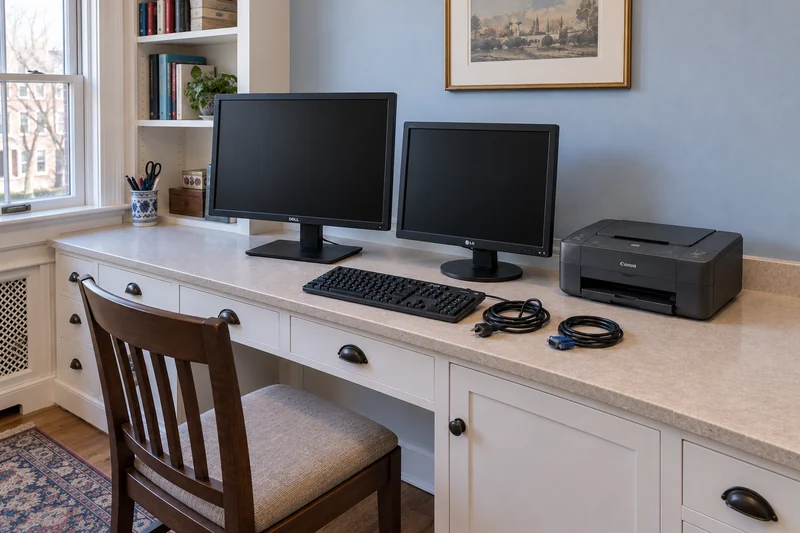 Two unused monitors, a printer, keyboard and cables reviewed before a Bronxville long-distance move Two unused monitors, a printer, keyboard and cables reviewed before a Bronxville long-distance move