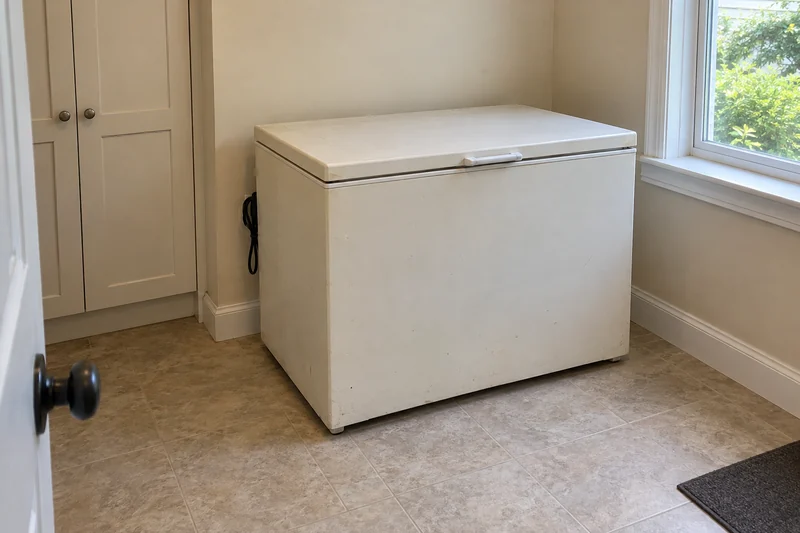 An old chest freezer reviewed before an illustrative Browns Mills replacement clearance