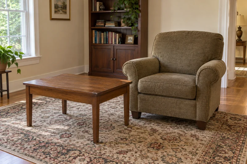 An ordinary armchair and coffee table reviewed after an illustrative Browns Mills estate clearance