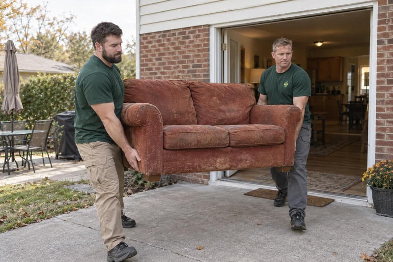 Two movers carrying a worn rust-coloured loveseat outward from a wide home entrance onto a level approach