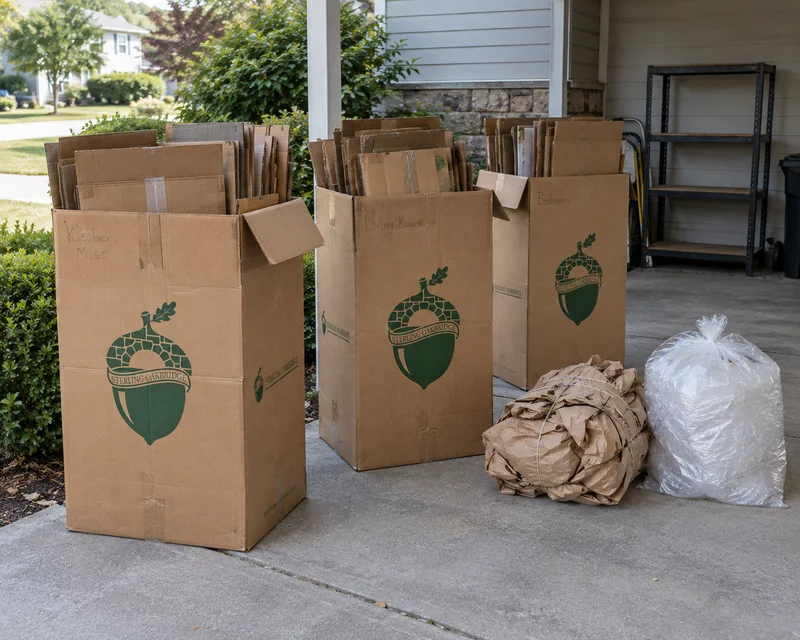 Used open collection cartons holding flattened smaller boxes, with paper and film separately contained near a sheltered exit
