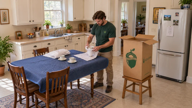Small kitchenware protected before loading A mover wraps an ordinary ceramic cup on a clean protected kitchen table beside a tall China carton