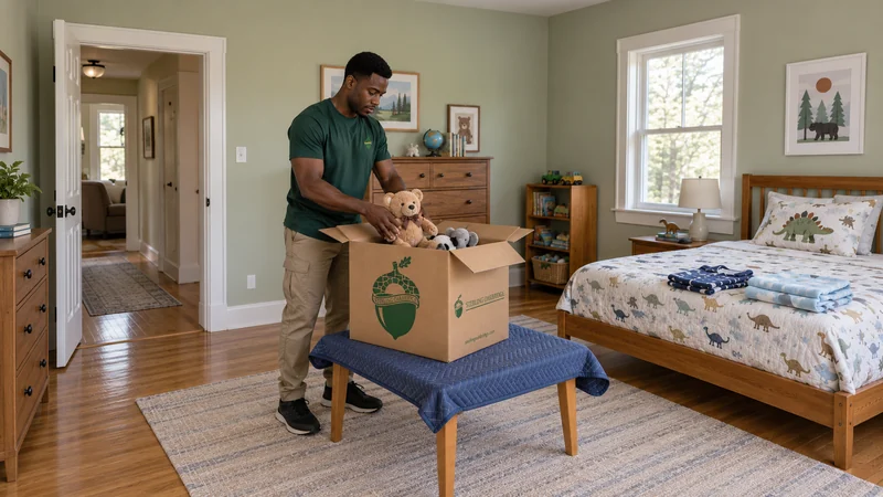 Children's belongings packed around the final-night group A mover places a small stuffed toy into an open medium carton in a family bedroom