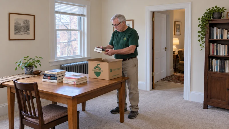 Books unpacked onto a usable work surface A mover lifts books from a compact Book carton onto a clear table in a receiving apartment