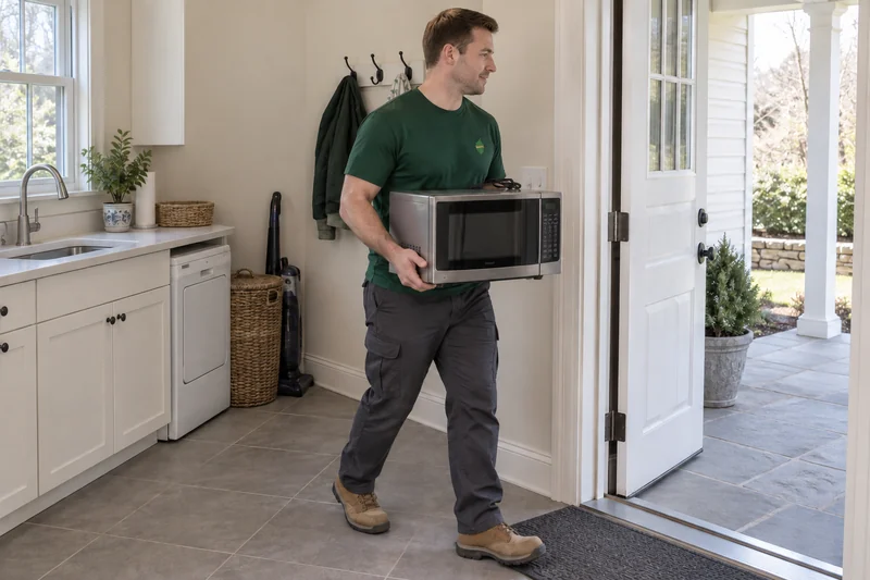 An adult company mover carrying an old unplugged microwave toward a private Darien exit An adult company mover carrying an old unplugged microwave toward a private Darien exit