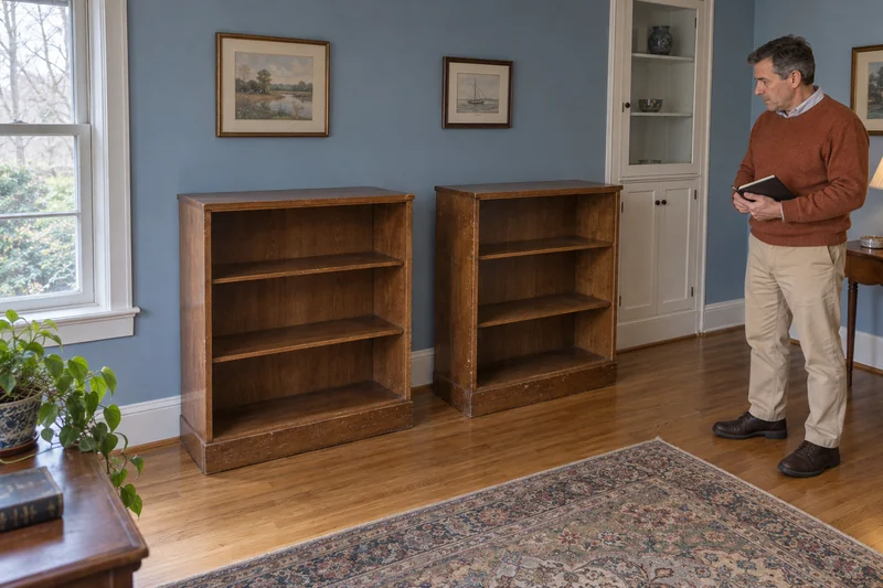 Two empty worn bookcases reviewed after recipient decisions in an illustrative Darien estate clearance Two empty worn bookcases reviewed after recipient decisions in an illustrative Darien estate clearance